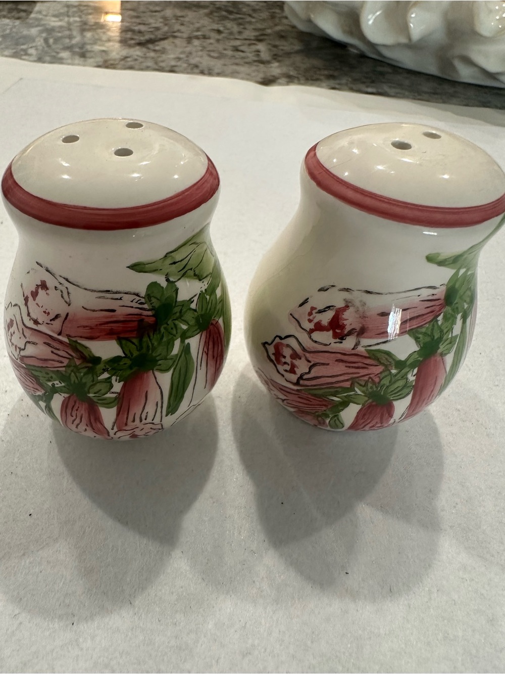 Hand-Painted Ceramic Salt & Pepper Shaker Set - White with Pink Floral Accent